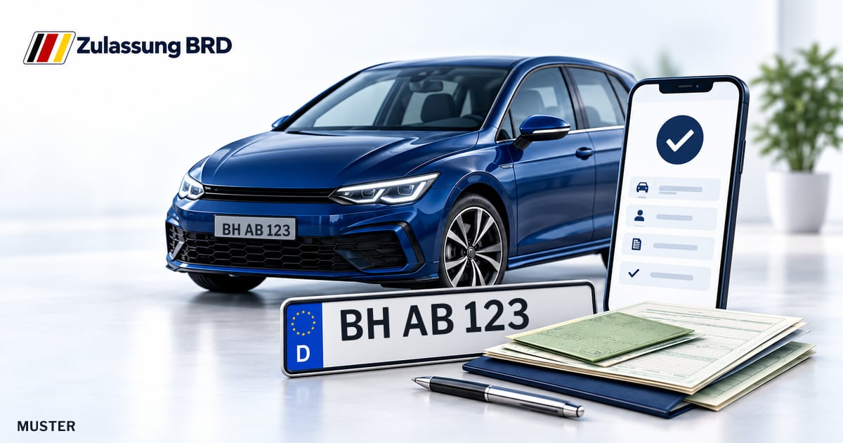 Online Fahrzeugzulassung in Achern: Musterkennzeichen BH AB 123, Auto und Fahrzeugpapiere und Smartphone. Illustration mit Logo von Zulassung BRD.